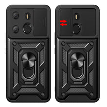 Заредете изображение във визуализатора на галерията – Hybrid Armor Camshield case for Tecno Pop 7 with camera cover - black
