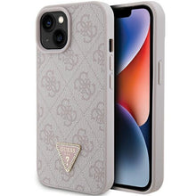 Заредете изображение във визуализатора на галерията – Guess Leather 4G Triangle Strass case for iPhone 15 - pink

