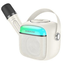 Заредете изображение във визуализатора на галерията – Borofone Portable Bluetooth Speaker BP15 Dazzling mini karaoke with microphone white
