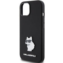Заредете изображение във визуализатора на галерията – Karl Lagerfeld Silicone Choupette Metal Pin case for iPhone 15 - black
