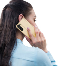 Заредете изображение във визуализатора на галерията – Dux Ducis Skin Pro Case for Samsung Galaxy S23 Flip Card Wallet Stand Gold
