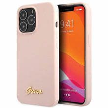 Заредете изображение във визуализатора на галерията – Guess GUHCP13XLSLMGLP iPhone 13 Pro Max 6.7" light pink/light pink hardcase Silicone Script Gold Logo
