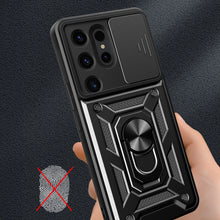 Заредете изображение във визуализатора на галерията – Hybrid Armor Camshield case for Samsung Galaxy S24 Ultra armored with camera cover - black
