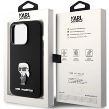 Заредете изображение във визуализатора на галерията – Karl Lagerfeld Silicone Ikonik Metal Pin case for iPhone 15 Pro Max - black
