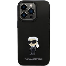 Заредете изображение във визуализатора на галерията – Original Pouch KARL LAGERFELD hardcase Silicone Ikonik Metal Pin KLHCP13LSMHKNPK for Iphone 13 Pro black
