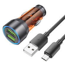 Заредете изображение във визуализатора на галерията – HOCO car charger 2 x USB QC 18W + cable USB to Micro NZ12 transparent orange
