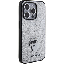Заредете изображение във визуализатора на галерията – Karl Lagerfeld Fixed Glitter Choupette Logo Metal Pin Case for iPhone 15 Pro - Silver
