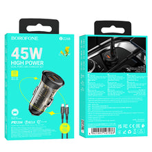 Заредете изображение във визуализатора на галерията – Borofone Car charger BZ26B Discovery - 2xType C - PD 45W 3A with Type C to Type C cable transparent-black
