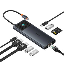 Заредете изображение във визуализатора на галерията – HUB 10in1 Baseus Metal Gleam Series USB-C to USB-C PD / USB-C / 3x USB-A / 2x HDMI / RJ-45 / SD / TF - black
