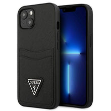 Заредете изображение във визуализатора на галерията – Original faceplate case GUESS GUHCP13MPSATPK for iPhone 13 (Saffiano Double Card Triangle / black)
