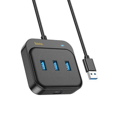 Заредете изображение във визуализатора на галерията – HOCO adapter HUB 4in1 USB to USB3.0*3+RJ45 Gigabit Ethernet 1,2m HB35 black
