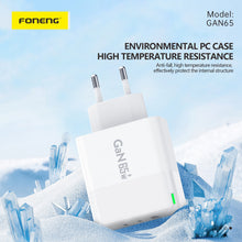 Заредете изображение във визуализатора на галерията – Foneng Wall charger GAN65 GaN - USB + 2xType C - PD 65W 3A with Type C to Type C white
