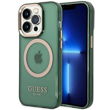 Заредете изображение във визуализатора на галерията – Guess GUHMP14LHTCMA iPhone 14 Pro 6.1&quot; green/khaki hard case Gold Outline Translucent MagSafe
