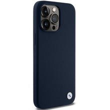 Заредете изображение във визуализатора на галерията – BMW Silicone Metal Logo case for iPhone 15 Pro - navy blue
