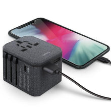 Заредете изображение във визуализатора на галерията – Uniq Load. network. Voyage World Adapter 33W + 2xUSB + PD 18W + QC 3.0 grey/charcoal gray (LITHOS Collective)
