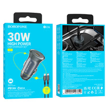 Заредете изображение във визуализатора на галерията – Borofone Car charger BZ26 Searcher - Typ C - PD 30W 3A with Type C to Lightning cable grey
