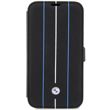 Заредете изображение във визуализатора на галерията – Case BMW BMBKP14X22RVSK iPhone 14 Pro Max 6.7" black/black bookcase Leather Stamp Blue Lines
