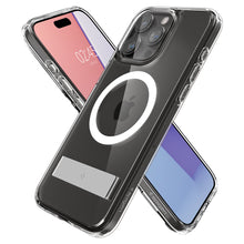 Заредете изображение във визуализатора на галерията – Spigen Ultra Hybrid S MagSafe case with stand for iPhone 15 Pro - transparent

