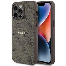 Заредете изображение във визуализатора на галерията – Original faceplate case GUESS GUHMP15LG4GFRW for iPhone 15 Pro (Magsafe / 4G Ring classic logo / brown)
