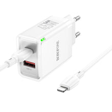 Заредете изображение във визуализатора на галерията – Borofone Wall charger BN16 Tough - USB + Type C - PD 45W 3A with Type C to Lightning cable white
