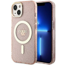 Заредете изображение във визуализатора на галерията – Original Case GUESS hardcase Glitter Gold MagSafe GUHMP14SHCMCGP for Iphone 14 pink
