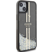 Заредете изображение във визуализатора на галерията – Original faceplate case GUESS GUHCP15MLFCSEGK for iPhone 15 Plus (Liquid Glitter Gold Stripes / black)

