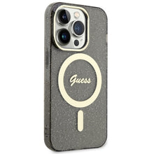 Заредете изображение във визуализатора на галерията – Original Case GUESS hardcase Glitter Gold MagSafe GUHMP14LHCMCGK for Iphone 14 Pro black
