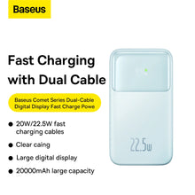 Заредете изображение във визуализатора на галерията – Baseus Comet Series powerbank with display 20000mAh 22.5W - blue + USB-A - USB-C cable 0.3m - white
