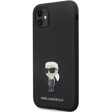 Заредете изображение във визуализатора на галерията – Original Pouch KARL LAGERFELD hardcase Silicone Ikonik Metal Pin KLHCN61SMHKNPK for Iphone 11/ Xr black
