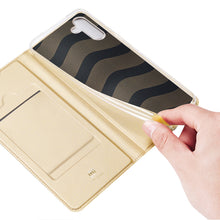 Заредете изображение във визуализатора на галерията – Dux Ducis Skin Pro Case for Samsung Galaxy A14 5G Flip Card Wallet Stand Gold

