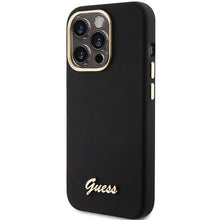 Заредете изображение във визуализатора на галерията – Guess Silicone Script Metal Logo &amp; Frame case for iPhone 15 Pro - black
