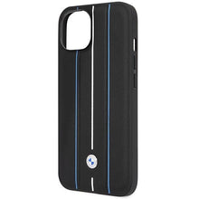Заредете изображение във визуализатора на галерията – Case BMW BMHCP14S22RVSK iPhone 14 6.1" black/black hardcase Leather Stamp Blue Lines
