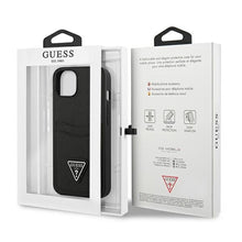 Заредете изображение във визуализатора на галерията – Original faceplate case GUESS GUHCP13MPSATPK for iPhone 13 (Saffiano Double Card Triangle / black)
