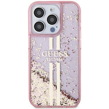 Заредете изображение във визуализатора на галерията – Original faceplate case GUESS GUHCP15LLFCSEGP for iPhone 15 Pro (Liquid Glitter Gold Stripes / pink)
