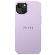 Заредете изображение във визуализатора на галерията – Оригинален гръб Guess за iphone 14 (glitter flakes script metal logo / purple) - TopMag
