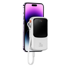 Заредете изображение във визуализатора на галерията – Baseus Qpow Digital Display Power Bank with Fast Charging 10000mAh 20W QC/PD/SCP/FCP with Built-in Lightning Cable White
