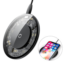 Заредете изображение във визуализатора на галерията – Baseus Simple Stylish Wireless Charger Qi Inductive Pad 2A 1.67A 10W with USB / Lightning Cable 1.2M transparent (CCALL-AJK01) - TopMag
