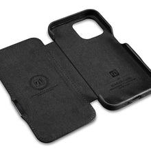 Заредете изображение във визуализатора на галерията – MagSafe Compatible Leather Flip Case for iPhone 15 iCarer Curved Edge Oil Wax Real Leather Folio Case - Black
