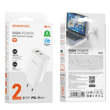 Заредете изображение във визуализатора на галерията – Borofone Wall charger BN10 Sunlight - USB + Type C - QC 3.0 PD 65W white
