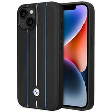 Заредете изображение във визуализатора на галерията – Case BMW BMHCP14S22RVSK iPhone 14 6.1" black/black hardcase Leather Stamp Blue Lines

