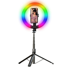 Заредете изображение във визуализатора на галерията – Selfie Stick - with detachable bluetooth remote control, tripod and ring lamp RGB - P100-RGB Black
