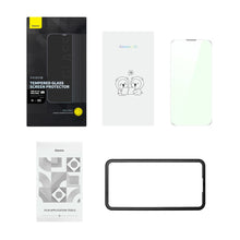 Заредете изображение във визуализатора на галерията – Baseus Full Screen Tempered Glass for iPhone 14 Pro Max with Anti Blue Light Filter and 0.3mm Speaker Cover + Mounting Frame

