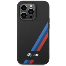 Заредете изображение във визуализатора на галерията – Case BMW BMHMP14L22SOTK iPhone 14 Pro 6.1" black/black Silicone Slanted Sttripes MagSafe
