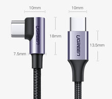 Заредете изображение във визуализатора на галерията – Ugreen angled cable USB Type C - USB Type C Power Delivery 60 W 20 V 3 A 2 m black-gray cable (US255 50125)
