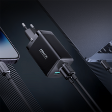 Заредете изображение във визуализатора на галерията – Joyroom fast charger GaN 65W USB, 2x USB C black + USB C cable - USB C 100W 1.2m (TCG01)
