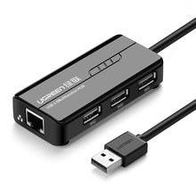 Заредете изображение във визуализатора на галерията – Ugreen 20264 RJ45 / USB-A 10/100Mbps HUB network adapter 3x USB-A 2.0 - black
