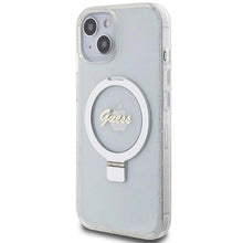 Заредете изображение във визуализатора на галерията – Guess Ring Stand Script Glitter MagSafe case for iPhone 15 / 14 / 13 - transparent
