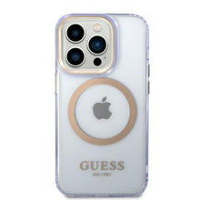 Заредете изображение във визуализатора на галерията – Guess GUHMP14XHTCMU iPhone 14 Pro Max 6.7&quot; purple/purple hard case Gold Outline Translucent MagSafe
