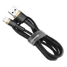 Заредете изображение във визуализатора на галерията – Baseus Cafule Cable Durable Nylon Braided Wire USB / Lightning QC3.0 1.5A 2M black-gold (CALKLF-CV1) - TopMag

