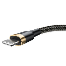 Заредете изображение във визуализатора на галерията – Baseus Cafule Cable Durable Nylon Braided Wire USB / Lightning QC3.0 1.5A 2M black-gold (CALKLF-CV1) - TopMag
